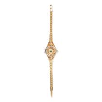 IGOR CARL FABERGE, A VINTAGE EMERALD AND DIAMOND WATCH in 14ct yellow gold, circular champagne di...