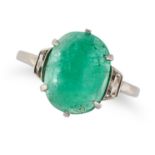 AN EMERALD AND WHITE GEMSTONE RING set with a cabochon emerald between two trapeze shaped white s...