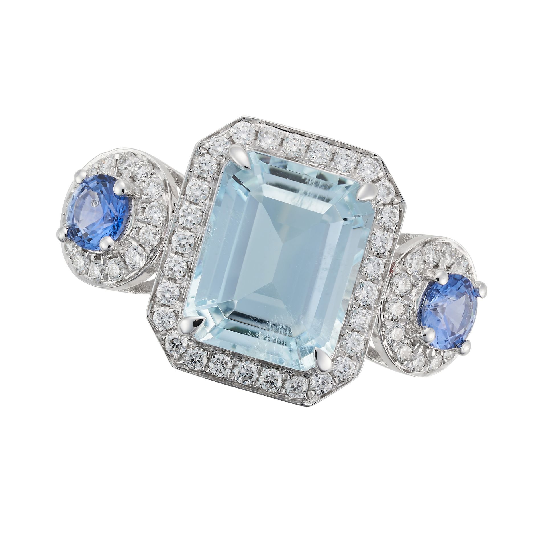 AN AQUAMARINE, SAPPHIRE AND DIAMOND RING set with an octagonal step cut aquamarine in a border of...