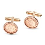 NO RESERVE - A PAIR OF GOLD COIN CUFFLINKS in 9ct rose gold, each set with a commemorative coin f...