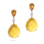 A PAIR OF CITRINE AND DIAMOND DROP EARRINGS each set with a pear cut citrine suspending a row of ...