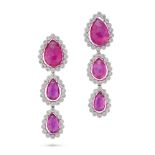 A PAIR OF PINK TOURMALINE AND DIAMOND DROP EARRINGS each comprising three briolette cut pink tour...