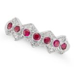 NO RESERVE - A RUBY AND DIAMOND RING in 18ct white gold, set with a row of round cut rubies accen...