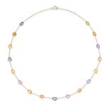 A MULTICOLOUR SAPPHIRE NECKLACE comprising a row of seventeen fancy shaped mixed cut pink, yellow...