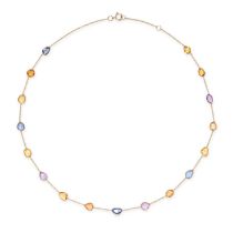 A MULTICOLOUR SAPPHIRE NECKLACE comprising a row of seventeen fancy shaped mixed cut pink, yellow...