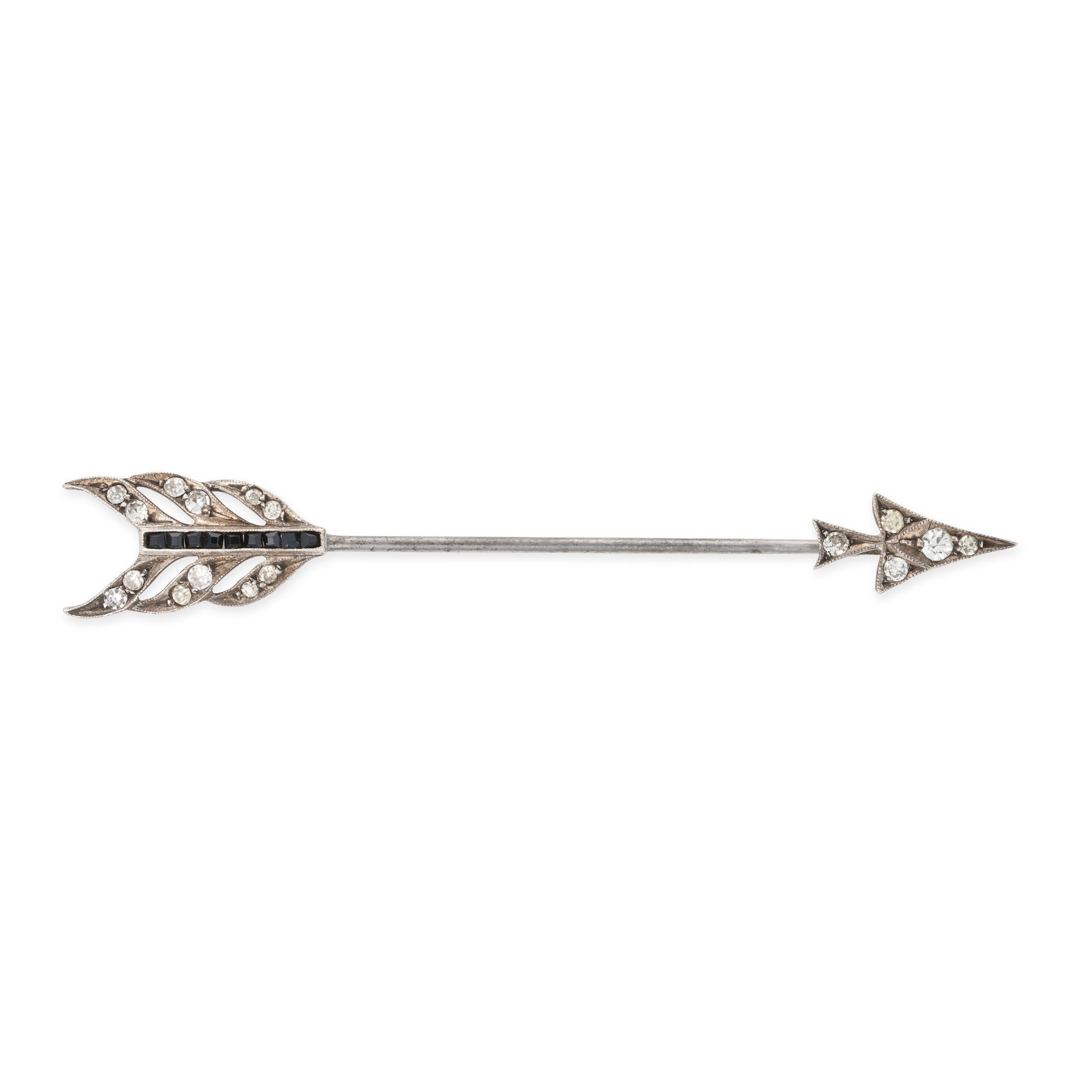NO RESERVE - AN ANTIQUE ONYX AND PASTE JABOT PIN BROOCH designed as an arrow, the head and tail s...