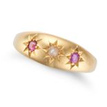 AN ANTIQUE VICTORIAN RUBY AND PEARL GYPSY RING in 22ct yellow gold, set with a pearl between two ...