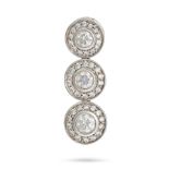 A DIAMOND PENDANT comprising three clusters of round brilliant cut diamonds, stamped 14K, 2.8cm, ...