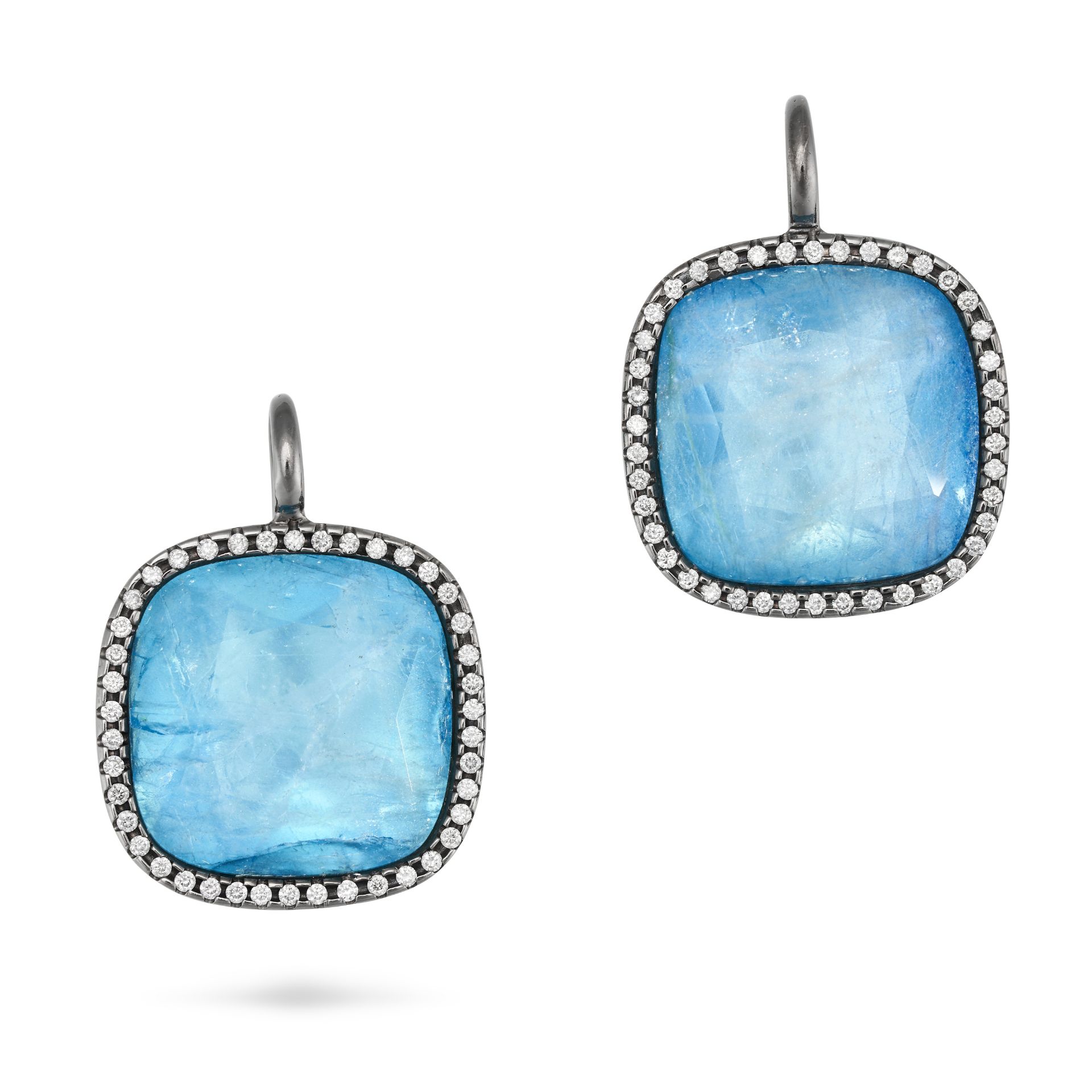 A PAIR OF AQUAMARINE AND DIAMOND DROP EARRINGS each comprising a cushion cut aquamarine in a bord...