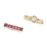 NO RESERVE - TWO GEMSET RINGS in 18ct yellow gold, comprising a ruby half eternity ring, full Bri...