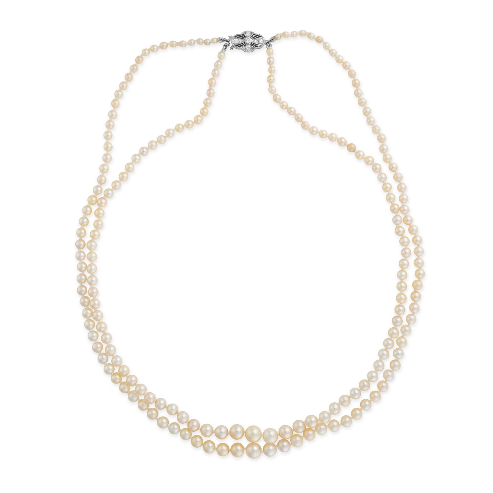 NO RESERVE - A TWO ROW PEARL AND DIAMOND NECKLACE comprising two rows of graduating pearls rangin...