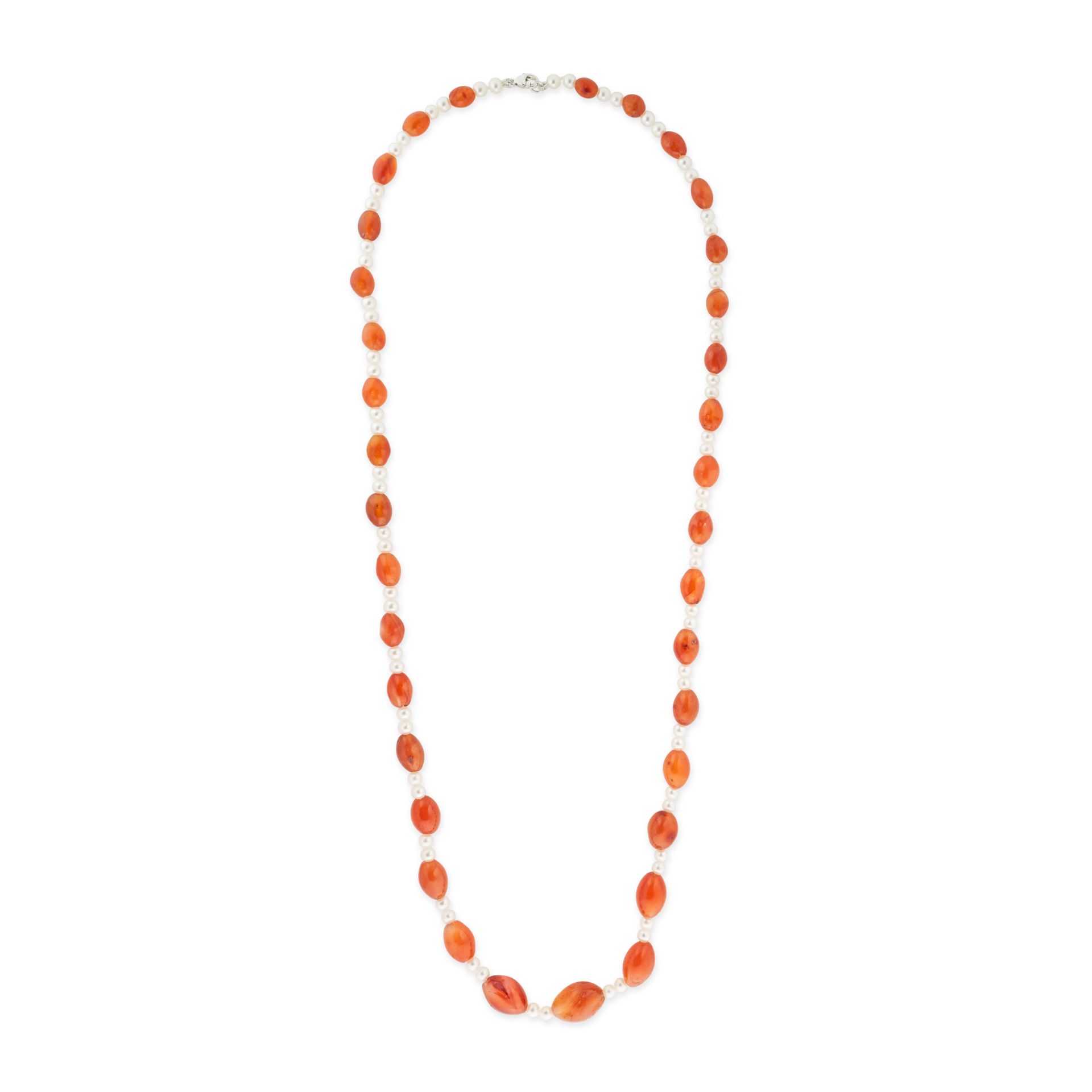 A CARNELIAN AND PEARL NECKLACE comprising a row of polished carnelian beads and pairs of pearls, ...