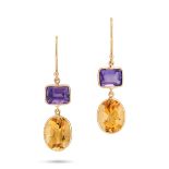 A PAIR OF AMETHYST AND CITRINE DROP EARRINGS each set with a fancy cut amethyst suspending an ova...