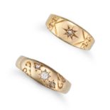 TWO ANTIQUE DIAMOND RINGS in 18ct yellow gold, one set with an old cut diamond and two rose cut d...