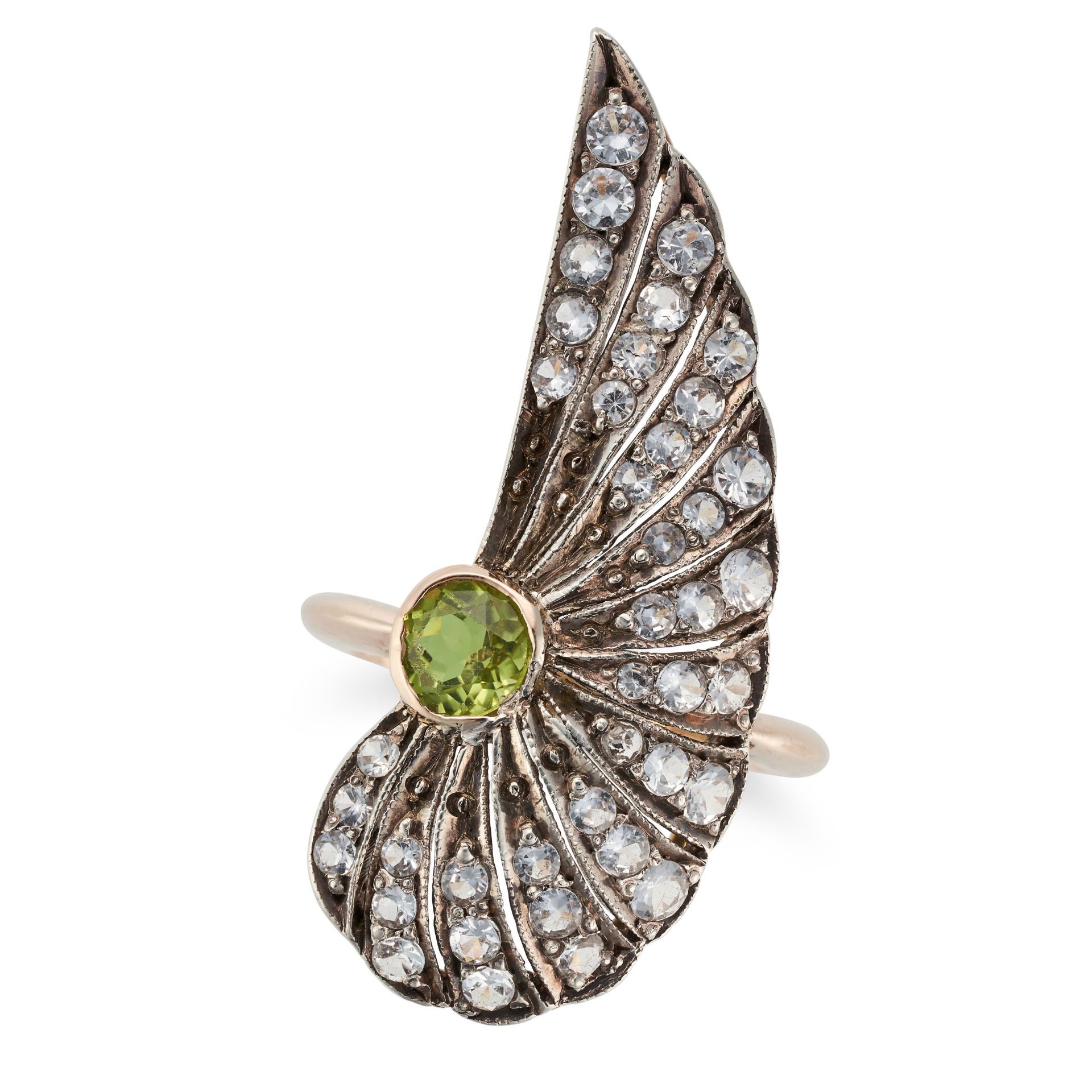 A PERIDOT AND PASTE WING RING designed as a wing set with round cut colourless paste stones, acce...