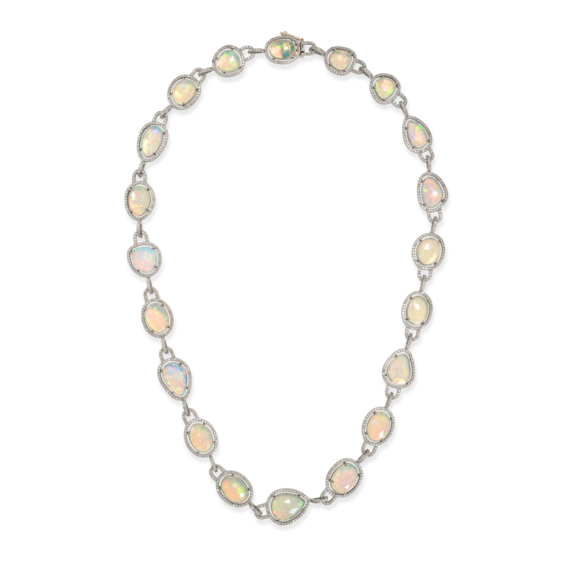 NO RESERVE - AN OPAL AND DIAMOND NECKLACE comprising a row of twenty rose cut opals in borders of...