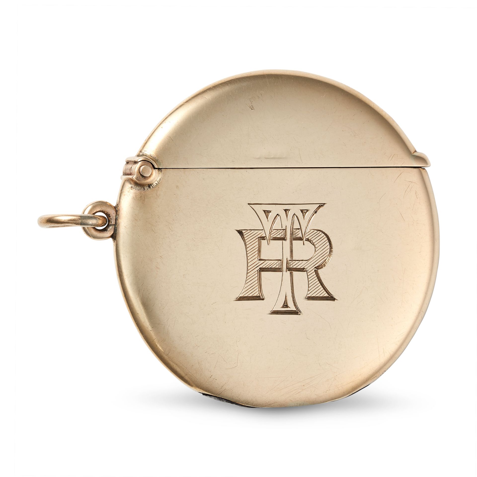 NO RESERVE - AN ANTIQUE GOLD VESTA CASE in 9ct yellow gold, the circular body engraved with the m...