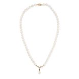 A PEARL AND DIAMOND PENDANT NECKLACE comprising a single row of pearls, suspending a pendant set ...