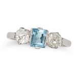 NO RESERVE - AN AQUAMARINE AND DIAMOND THREE STONE RING set with a rectangular step cut aquamarin...