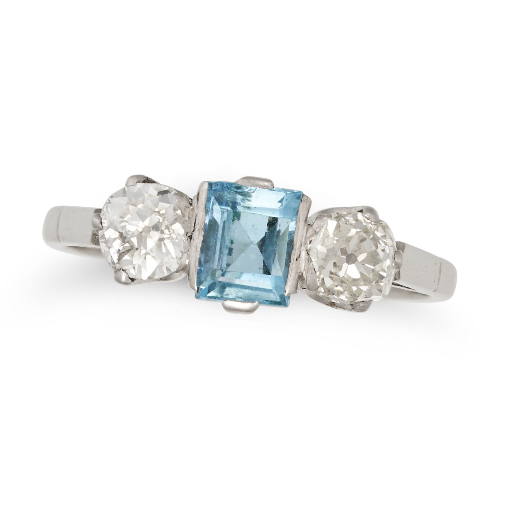 NO RESERVE - AN AQUAMARINE AND DIAMOND THREE STONE RING set with a rectangular step cut aquamarin...