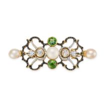 AN ANTIQUE DEMANTOID GARNET, DIAMOND, PEARL AND ENAMEL BROOCH in yellow gold, the openwork brooch...