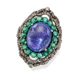 A TANZANITE, EMERALD AND DIAMOND COCKTAIL RING set with an oval cabochon tanzanite in a border of...