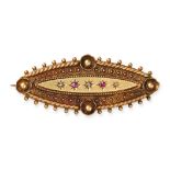 NO RESERVE - AN ANTIQUE RUBY AND DIAMOND LOCKET BROOCH in 15ct yellow gold, the navette shaped br...