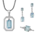 A COLLECTION OF AQUAMARINE JEWELLERY comprising a pendant necklace set with an octagonal step cut...