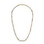 AN ANTIQUE CHAIN NECKLACE in yellow gold, comprising a row of fancy links and pierced batons, no ...