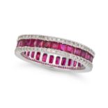 A RUBY AND DIAMOND ETERNITY RING set all around with a row of square step cut rubies accented by ...