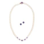 A PEARL AND AMETHYST NECKLACE AND PAIR OF AMETHYST STUD EARRINGS the necklace comprising a row of...