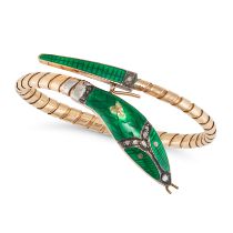 A DIAMOND AND ENAMEL SNAKE BANGLE in 18ct yellow gold, designed as a coiled snake, the head and t...