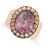 NO RESERVE - AN ANTIQUE FOILED ROCK CRYSTAL AND PEARL CLUSTER RING in yellow gold, set with an ov...