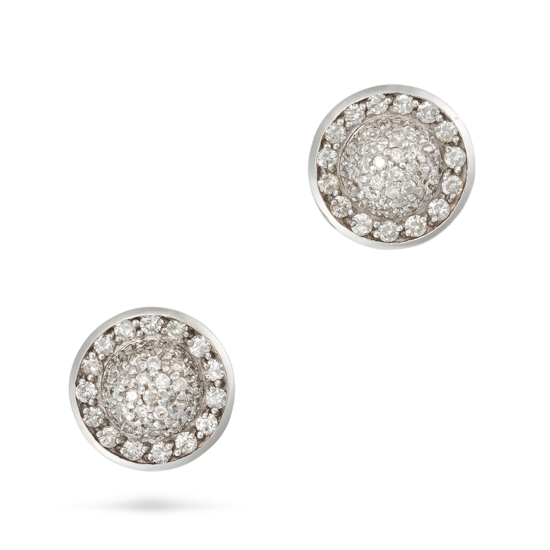 NO RESERVE - A PAIR OF DIAMOND CLUSTER EARRINGS in white gold, the bombe face pave set with round...