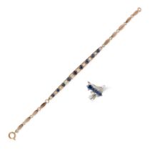 A SAPPHIRE AND WHITE GEMSTONE BRACELET AND RING the bracelet comprising a row of alternating roun...