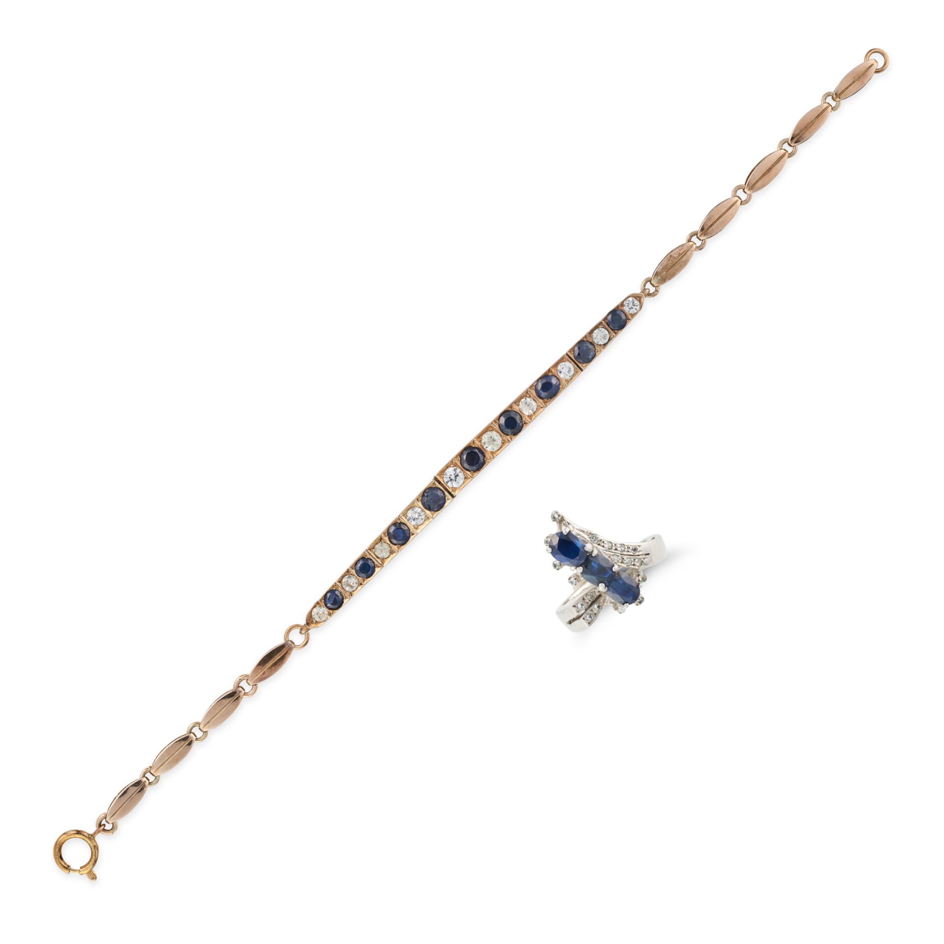 A SAPPHIRE AND WHITE GEMSTONE BRACELET AND RING the bracelet comprising a row of alternating roun...