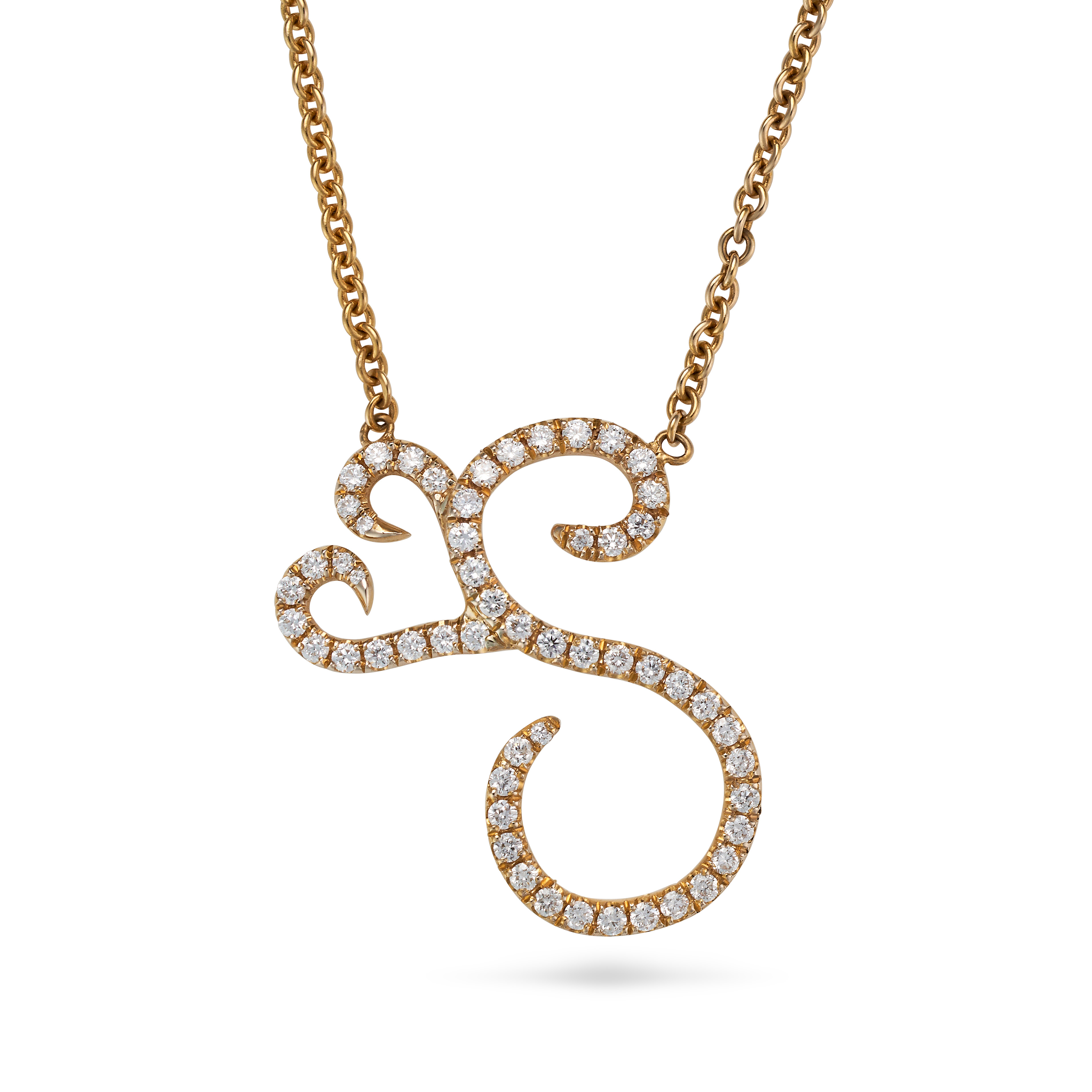 A DIAMOND S AND HEART PENDANT NECKLACE the pendant designed as an S and a heart set with round cu...