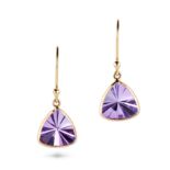 A PAIR OF AMETHYST DROP EARRINGS each earring set with a triangular fancy cut amethyst, stamped 1...