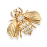 TIFFANY & CO., A DIAMOND AND RUBY HONEY BEE BROOCH the body set with round brilliant cut diamonds...