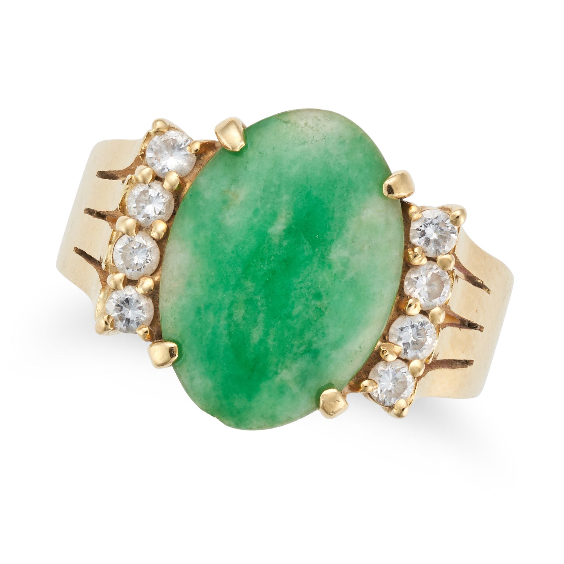 NO RESERVE - A JADEITE JADE DIAMOND DRESS RING set with a cabochon jadeite jade accented by rows ...