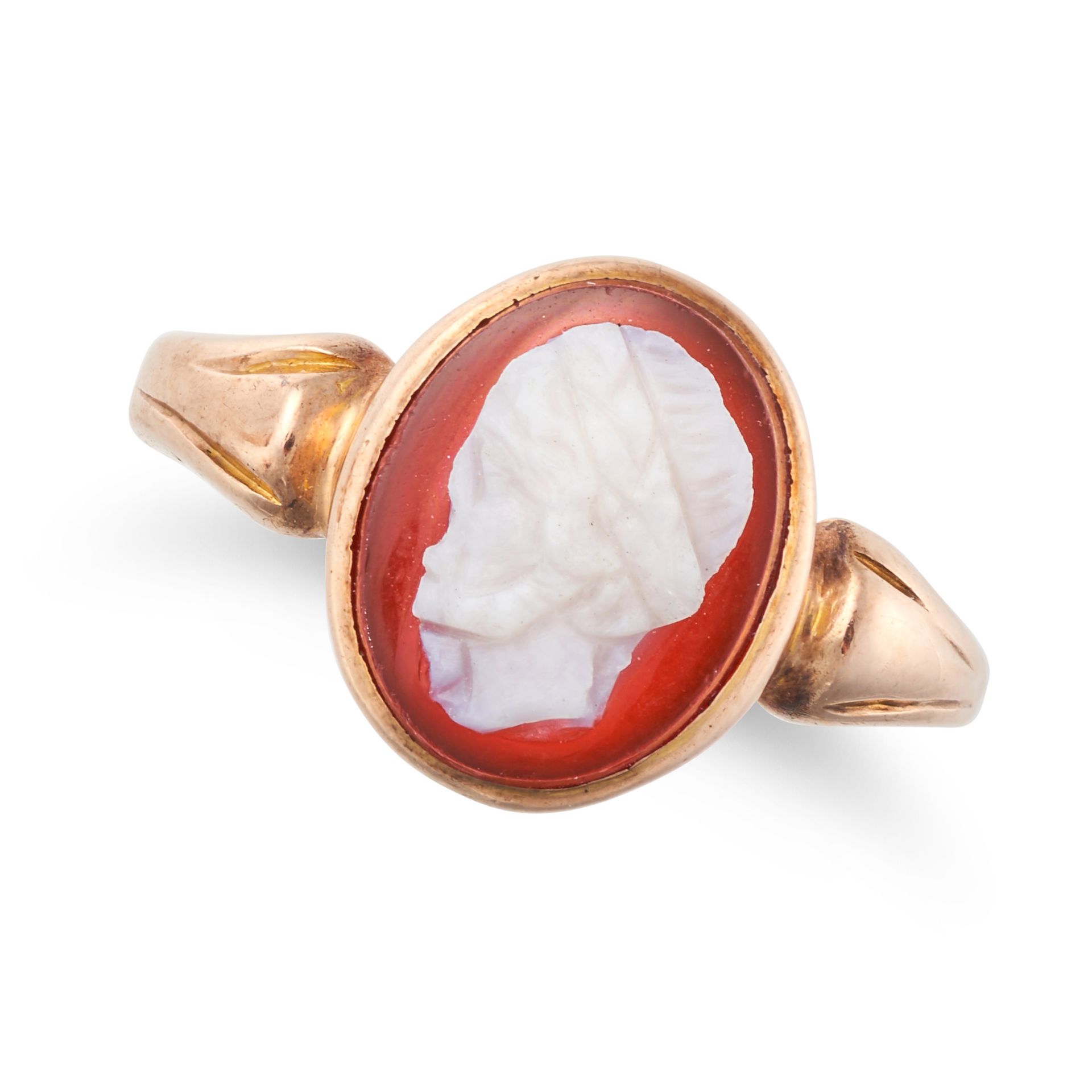 AN ANTIQUE CAMEO RING set with an oval cameo carved to depict the bust of a classical man, stampe...