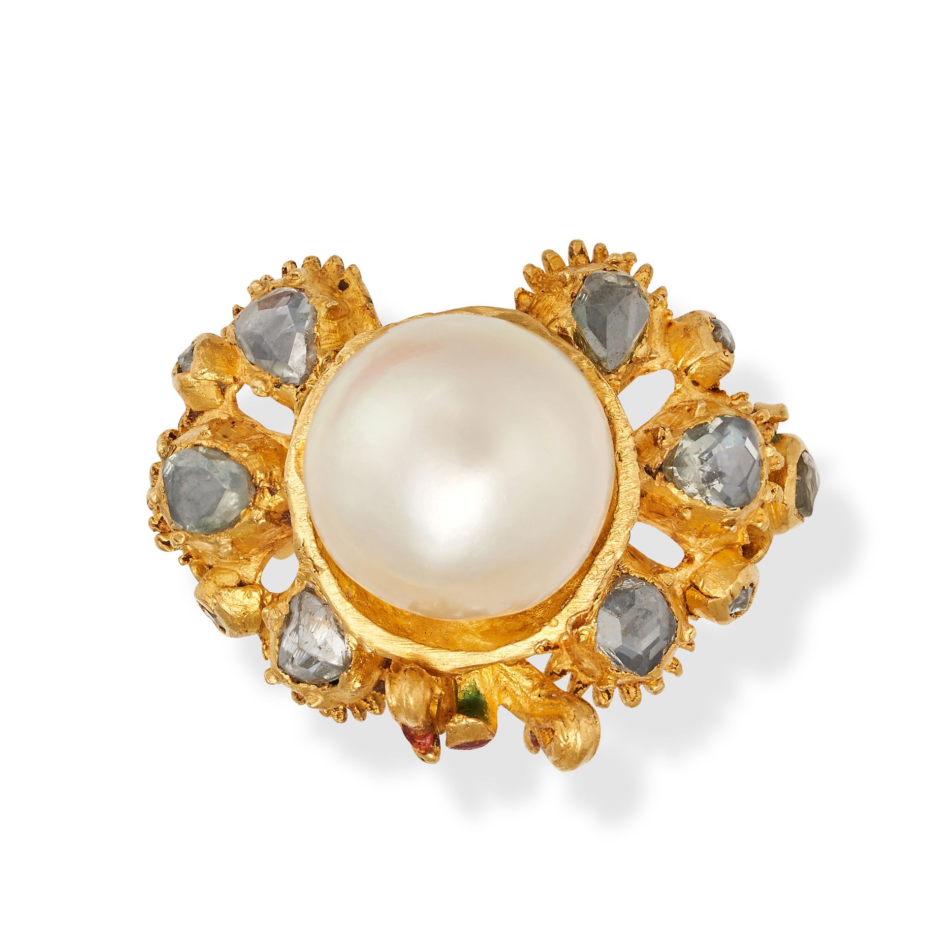 AN INDIAN PEARL, DIAMOND AND ENAMEL RING set with a pearl of 9.5mm accented by rose cut diamonds,...