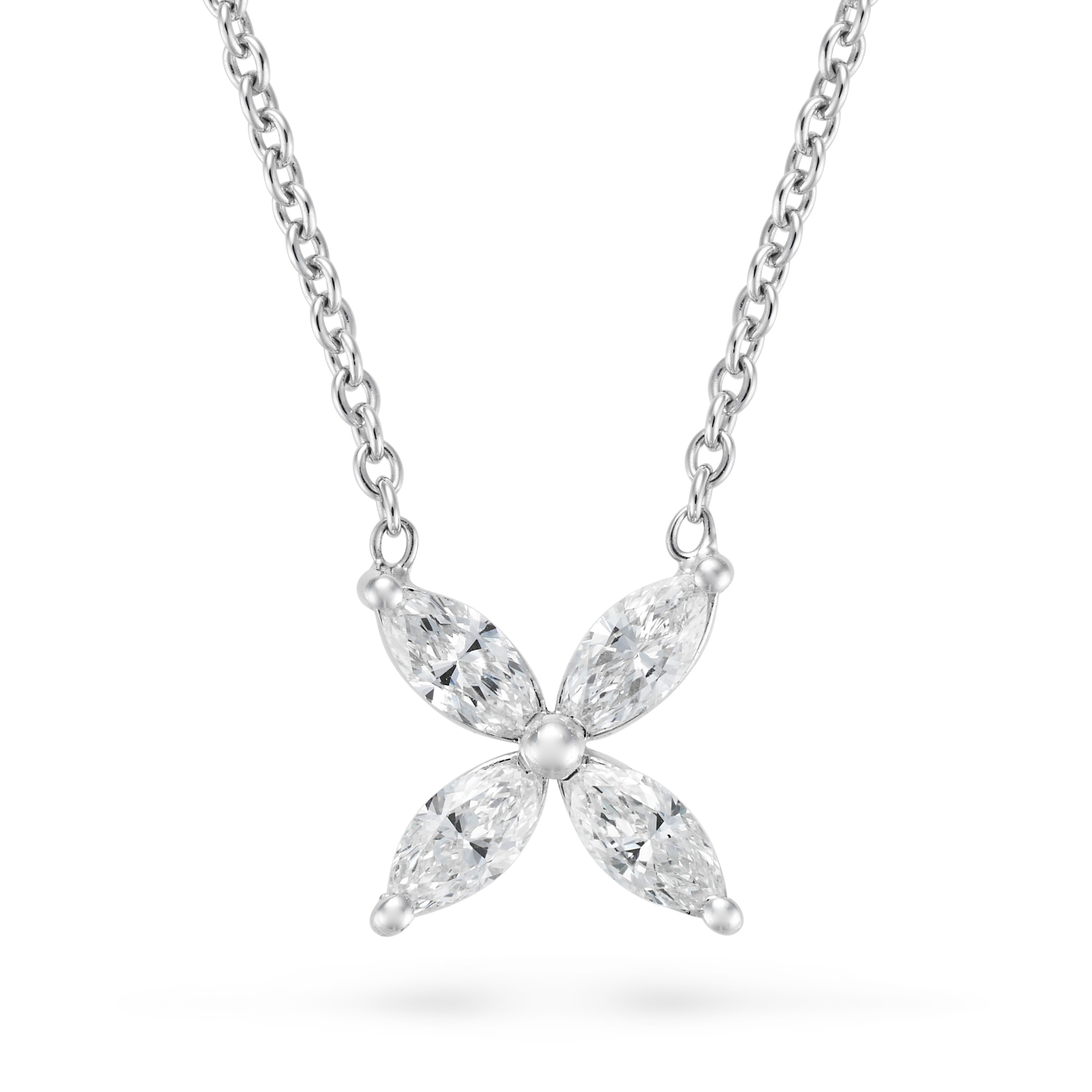 A DIAMOND PENDANT NECKLACE the pendant set with four marquise cut diamonds, suspended from a trac...