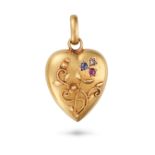 NO RESERVE - AN ANTIQUE RUBY, SAPPHIRE AND DIAMOND HEART CHARM / PENDANT in 18ct yellow gold, des...