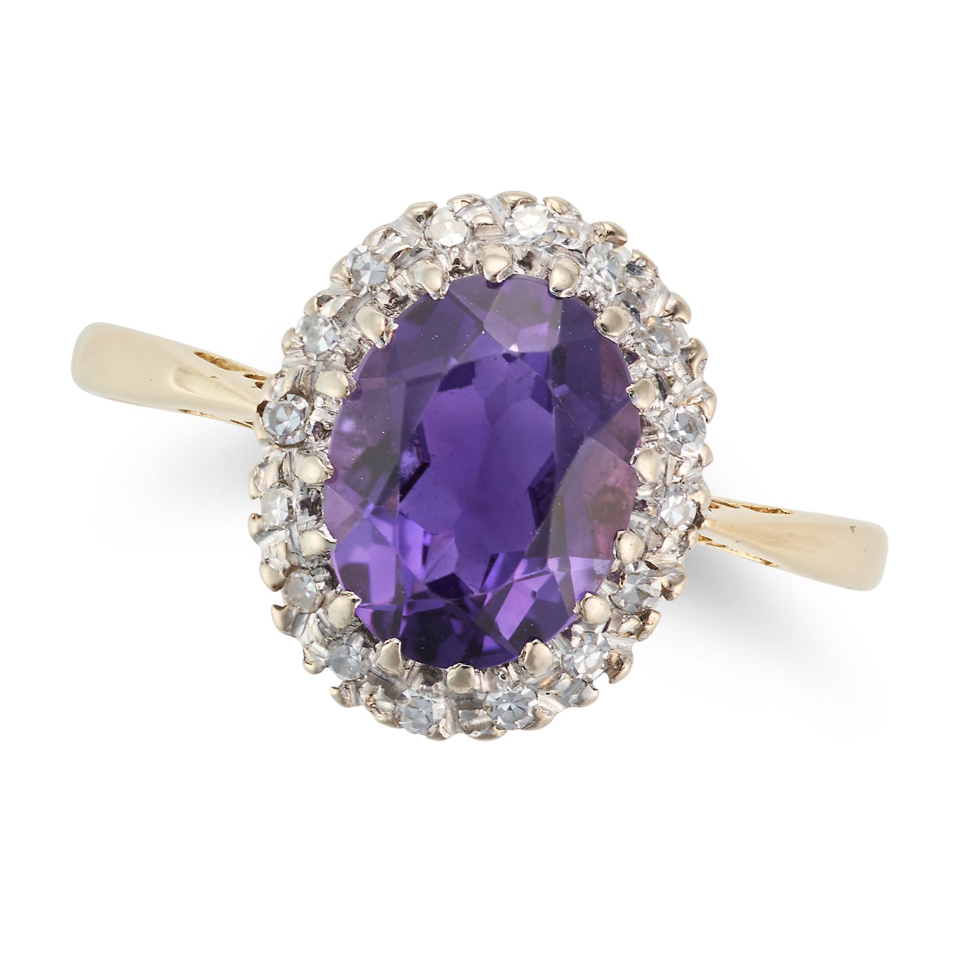 AN AMETHYST AND DIAMOND CLUSTER RING in 18ct yellow gold, set with an oval cut amethyst in a clus...