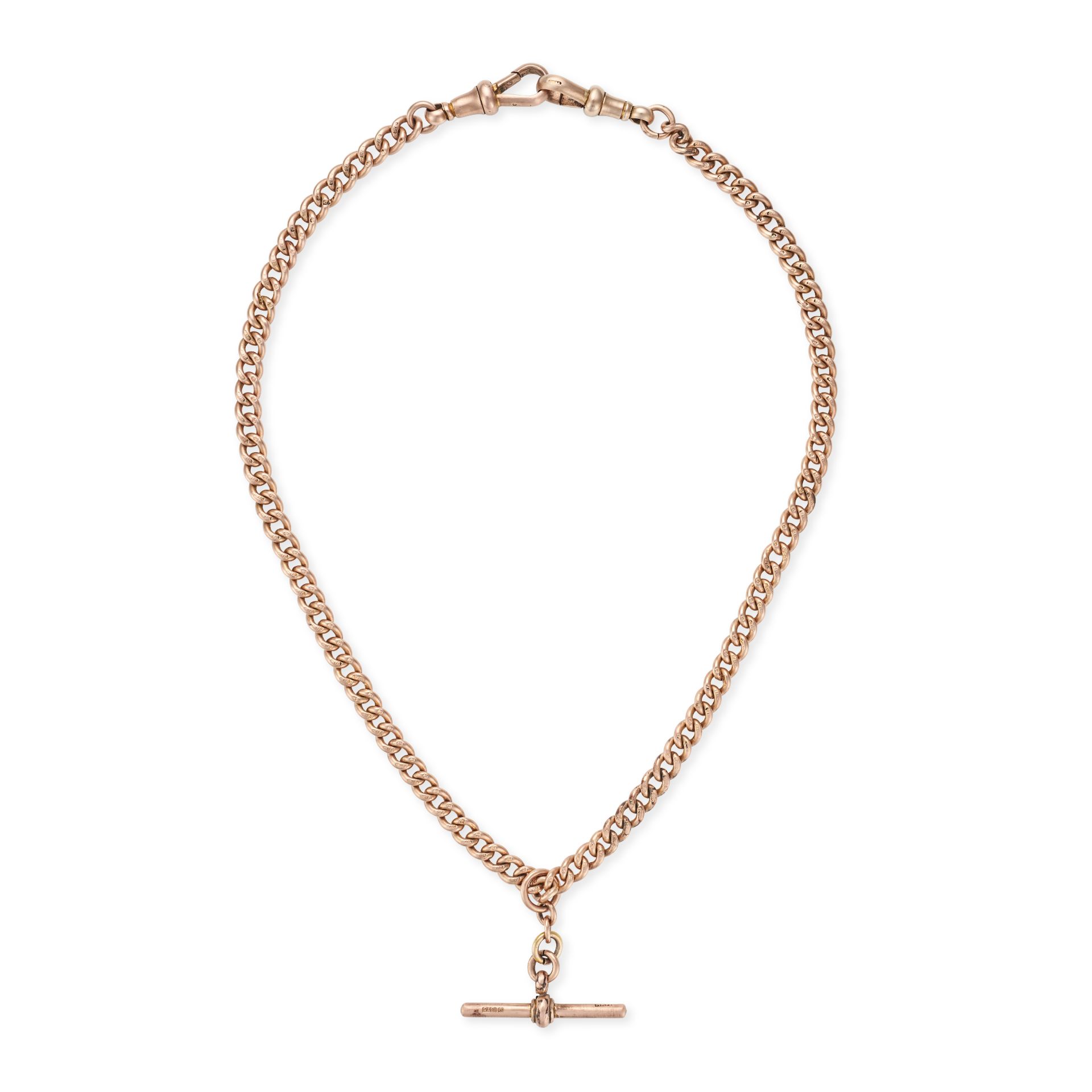 AN ANTIQUE GOLD ALBERT CHAIN in 9ct yellow gold, comprising a curb chain suspending a t bar, with...