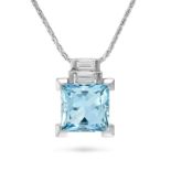 AN AQUAMARINE AND DIAMOND PENDANT NECKLACE in white gold, the pendant set with two baguette cut d...