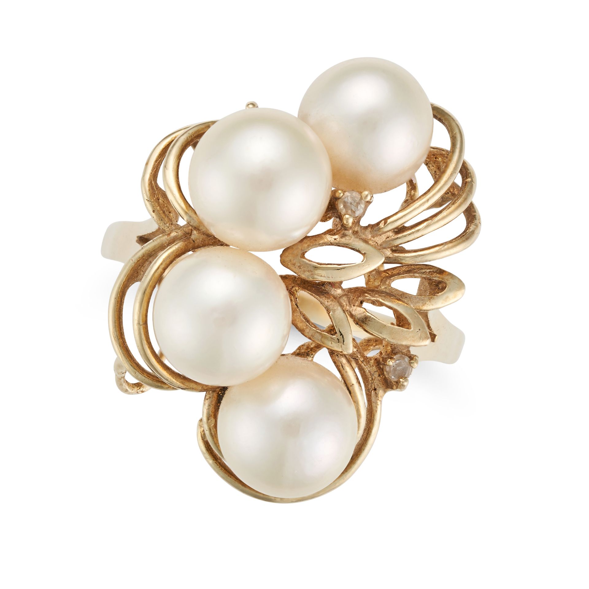 NO RESERVE - A PEARL DIAMOND DRESS RING the stylised ring set with four pearls and accented by ro...