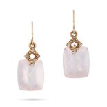 NO RESERVE - A PAIR OF ROSE QUARTZ AND DIAMOND DROP EARRINGS each set with round cut diamonds sus...