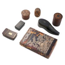 NO RESERVE - A COLLECTION OF ANTIQUE CASES AND SNUFF BOXES comprising three carved wood pots, a h...